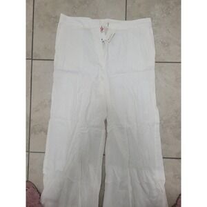 White Wide Leg Linen Blend Pants‎ Flowy Cropped Summer Casual Trousers